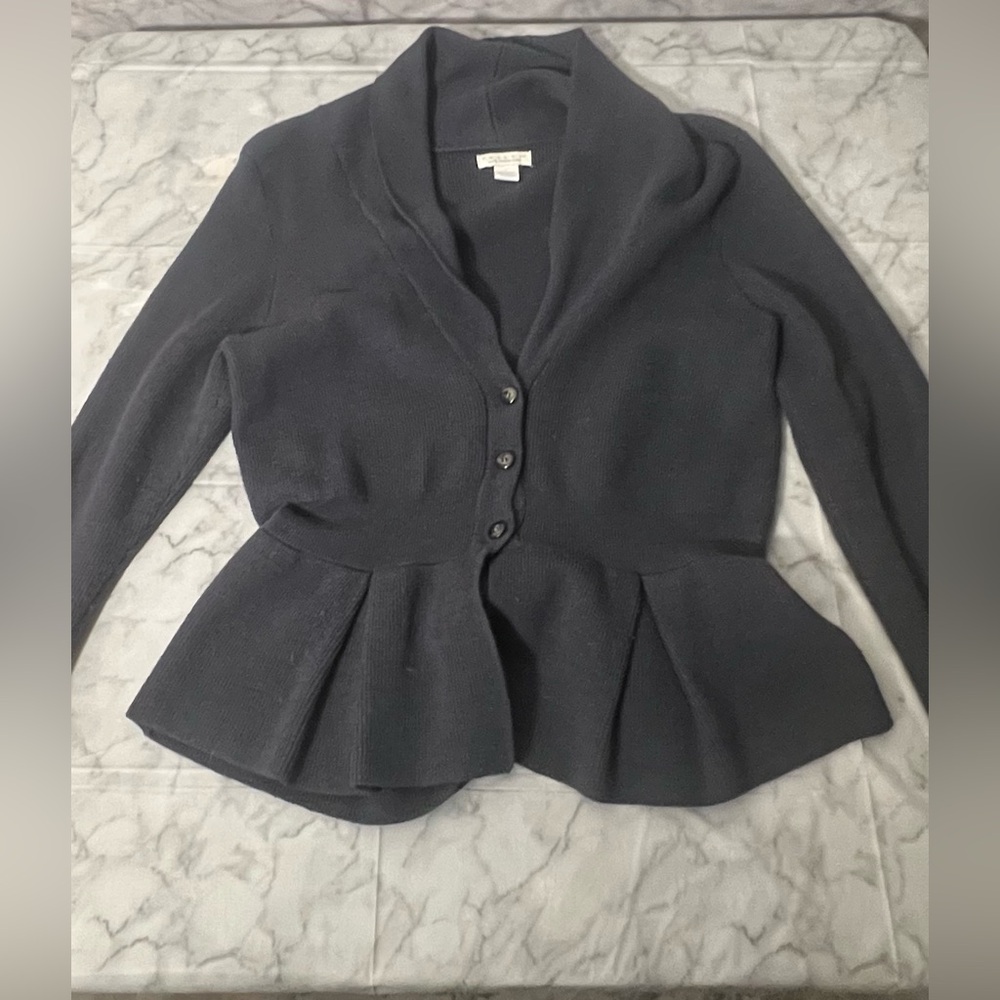 100% Merino Wool TWEEDS grey peplum knit button up long sleeve cardigan large